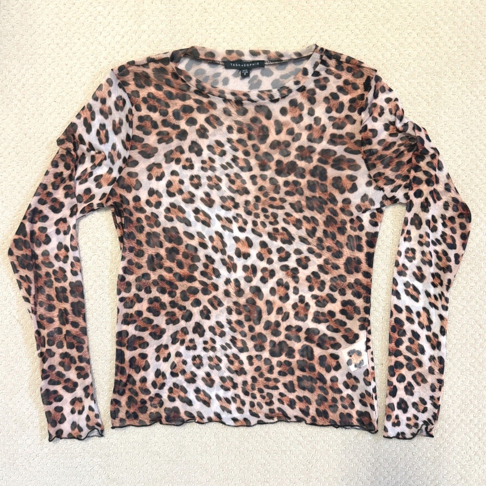 Sheer Leopard Mesh Top Womens Small Brown Tan Lettuce Edge Fall Layer